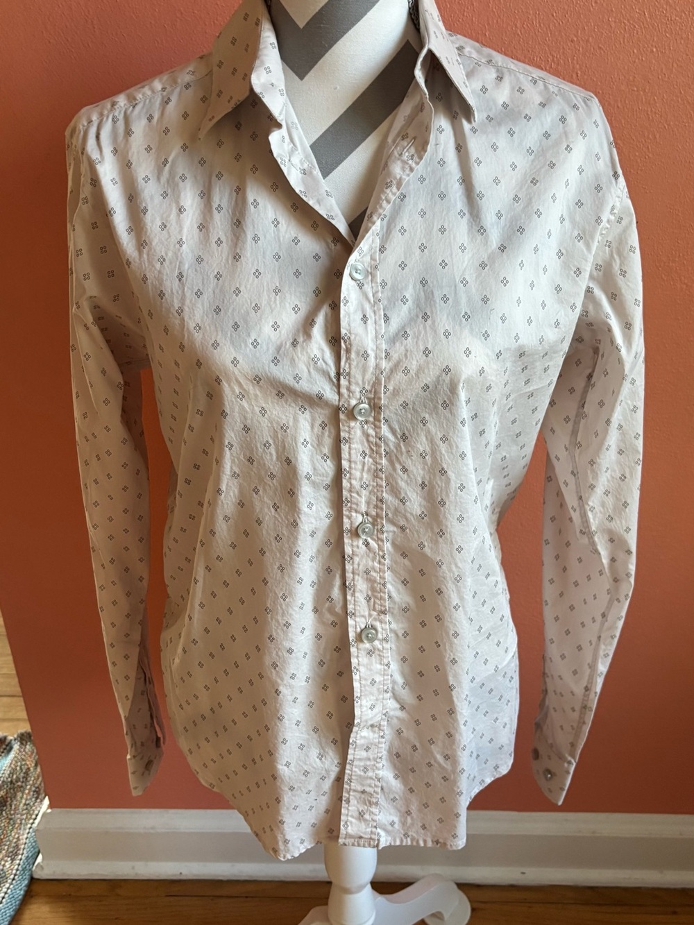 Theory White Geometric Print Cotton Button Down Shirt Size